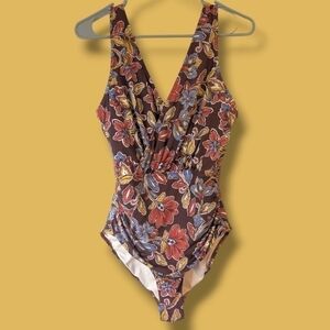 Garnet Hill Brown Colorful Floral V-Neck One-Piece Swimsuit Bohemian Retro